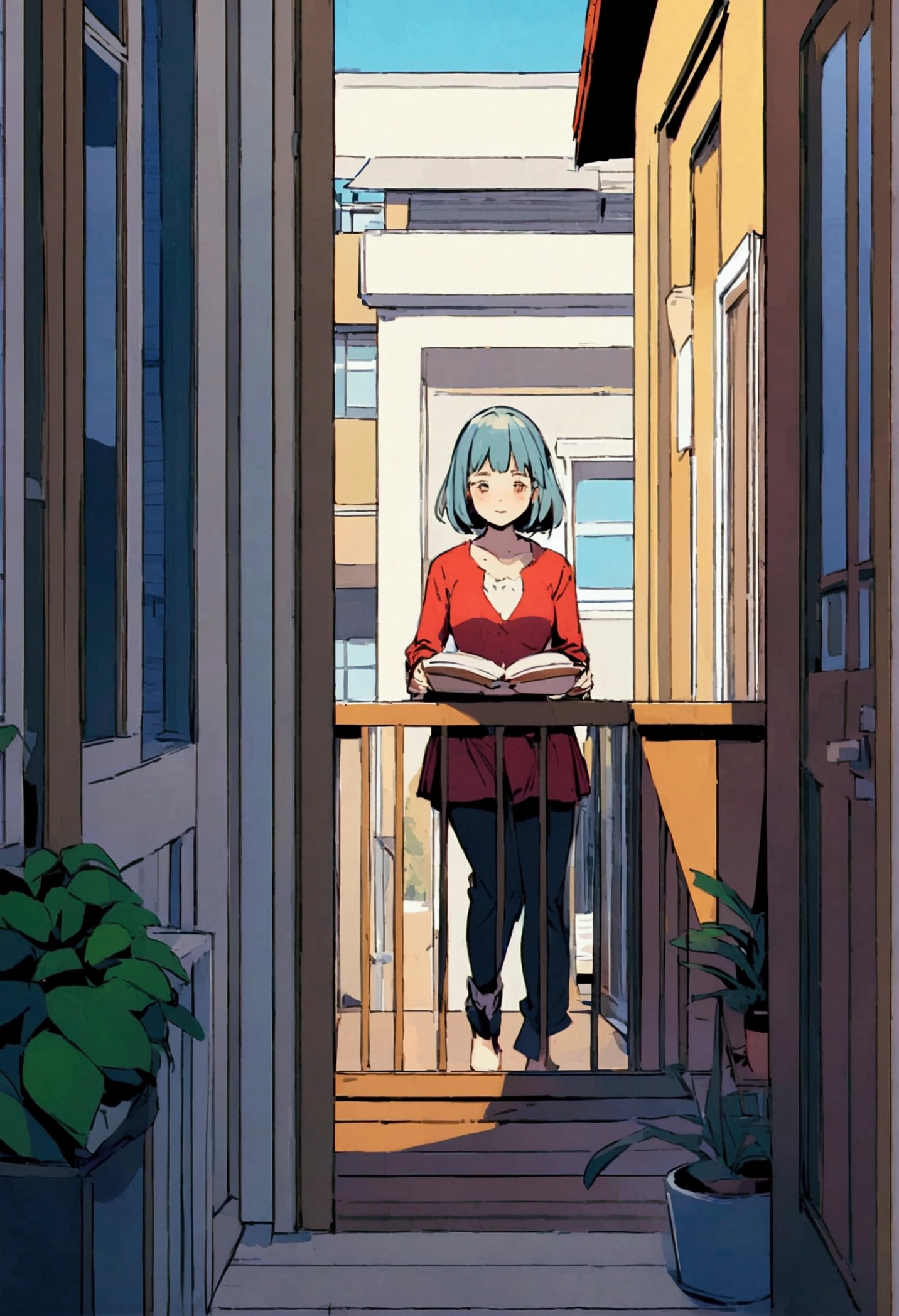 Create a reading a book on the balcony of her apartment