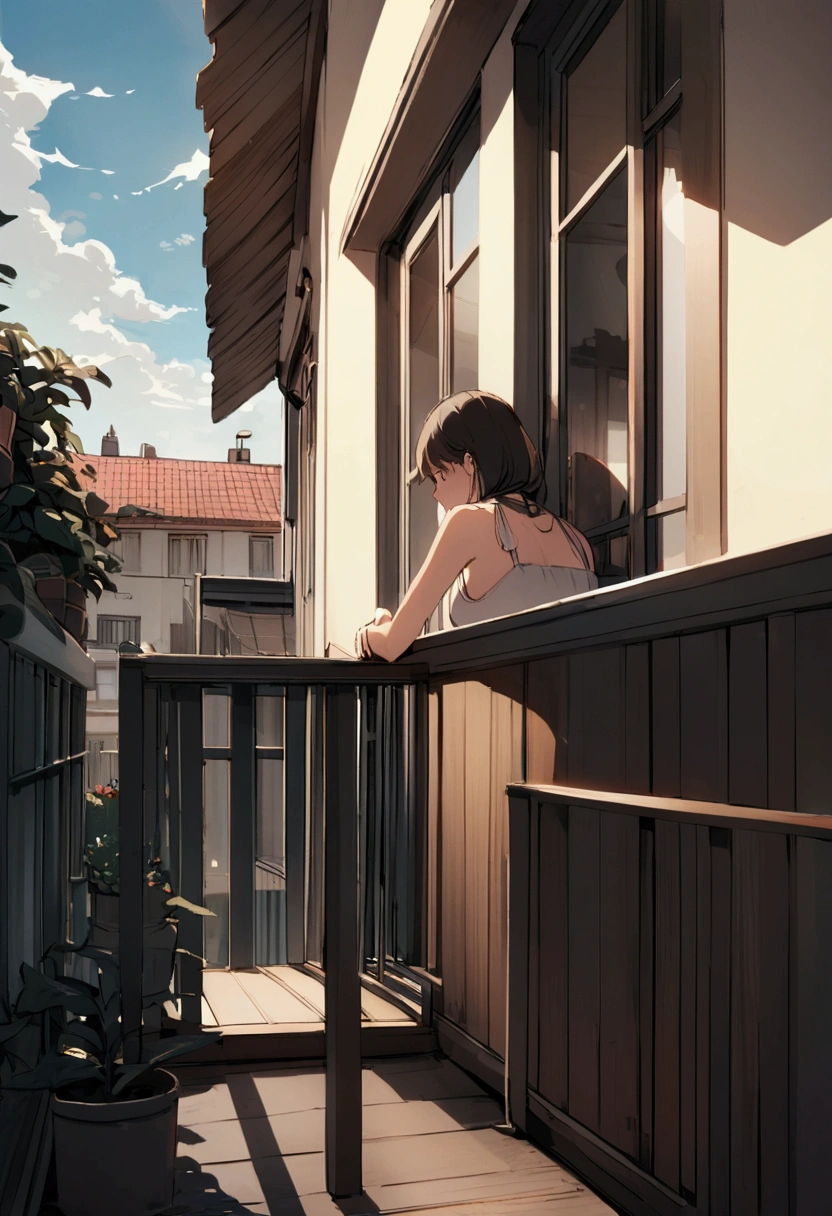 Create a  reading a book on the balcony of her apartment