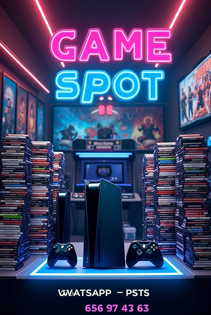 Je voudrais vendre des jeux ps4 , ps5 et Xbox . Le nom de ma boutique sera "GAME SPOT" et le numéro de téléphone whatsapp à contacter pour acheter des jeux sera "656 97 43 63". A partir de ces informations , je voudrais que tu me generes une affiche attrayante de vente de jeux vidéos , l'image doit bien refleter des étuis de jeux ps4 et xbox aussi ajoute aussi des consoles ps4 et xbox et ps4 , ajoutes des piles de jeux videos ps4 et xbox a limage ,inclues aussi une identification visuelle de la marque Ps4 , et Xbox aussi , en incluant sur limage le nom de ma boutique et aussi le numero de telephone whatsapp a contacter 656 97 43 63