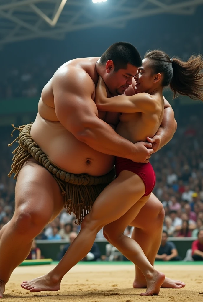 The fight between a sumo wrestler and a gymnast. The sumo wrestler is seen choke-holding the gymnast, the arena is seen in our background, the mix of his strength and muscle makes for a powerful sight. All faces are facing the camera. The gymnast is a handsome muscular attractive Caucasian white male.
