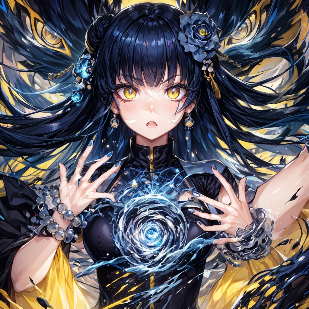 Dark blue hair, yellow eyes, pretty girl, aura