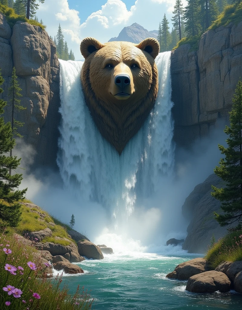 A majestic waterfall cascading down a rocky cliff, its powerful flow split by a colossal bear-shaped head made of stone protruding from the middle of the fall, intricately carved features, water rushing over its head creating a misty, ethereal aura, surrounded by lush greenery and wildflowers, natural beauty, mystical atmosphere, in the style of a romantic landscape painting by Albert Bierstadt, with detailed realism and dramatic lighting.
