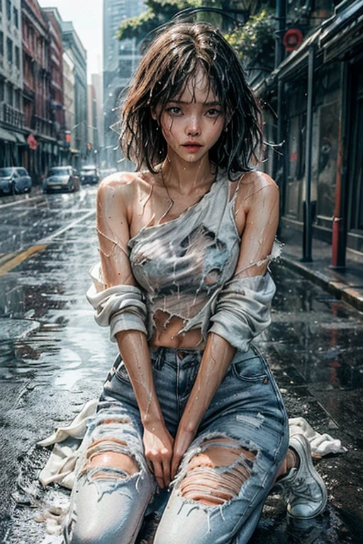 best image quality, masterpiece, super high resolution, (fidelity:1.4), photo, 1 girl, white shirt, torn jeans, white sneakers, dim, darkness, despair, pity, poor, movie, tears, teardrops, (torn clothes:1.5), (wet clothes:1.4), bare shoulders, real rain, wet hair,..