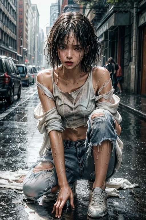 best image quality, masterpiece, super high resolution, (fidelity:1.4), photo, 1 girl, white shirt, torn jeans, white sneakers, dim, darkness, despair, pity, poor, movie, tears, teardrops, (torn clothes:1.5), (wet clothes:1.4), bare shoulders, real rain, wet hair,..
