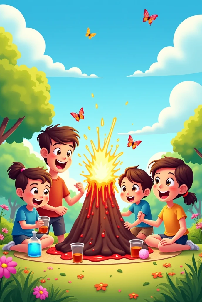 I want a cartoon drawing to color that represents a baking soda and vinegar volcano experiment being done by parents and their children on a fun day