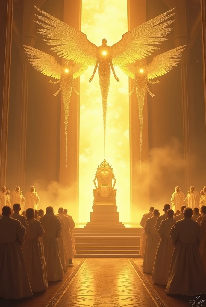 A majestic throne surrounded by 24 elders in white robes, seated in a semi-circle. Above the throne, four powerful, otherworldly creatures with wings and eyes all over their bodies. The throne emits a radiant, golden light, symbolizing divine authority.