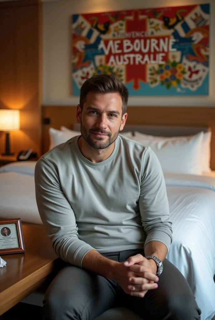 Homme caucasien grand de taille, charmant, un peu costaud, habillé en pantalon et tee-shirt manche longue, assis ou adossé sur une table dans une grande chambre d'hôtel et sur la table sur laquelle est assis ou adossé le charmant homme il faut qu'il y ait un papier mouchoir déjà utilisé sur la table et sur le lit de l'hôtel qu'il soit déposer un cadre photo grand ou moyen qu'il est possible de faire arrêter sur le lit et faire face à la caméra et sur le mur du chevet du lit un tableau sur lequel il est écrit en français : Bienvenue à Melbourne AUSTRALIE et autour de la phrase qu'il y ait les emblèmes du Canada Québec ou le drapeau du Canada Québec
