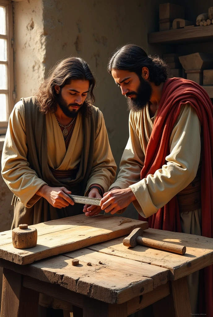 Jose and Jesus working as carpenters making a medieval wooden table,hammer and saw,3D style drawings