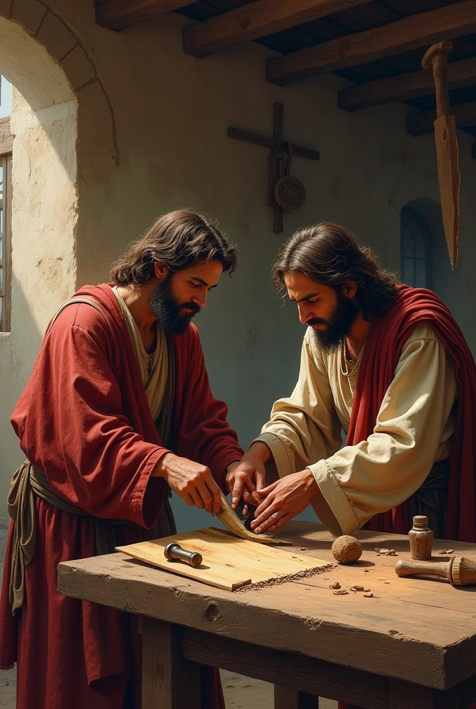 Jose and Jesus working as carpenters making a medieval wooden table,hammer and saw,3D style drawings
