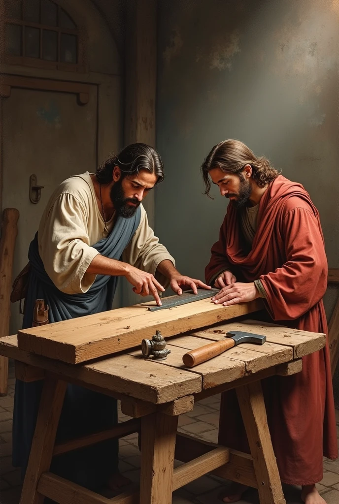 Jose and Jesus working as carpenters making a medieval wooden table,hammer and saw,3D style drawings