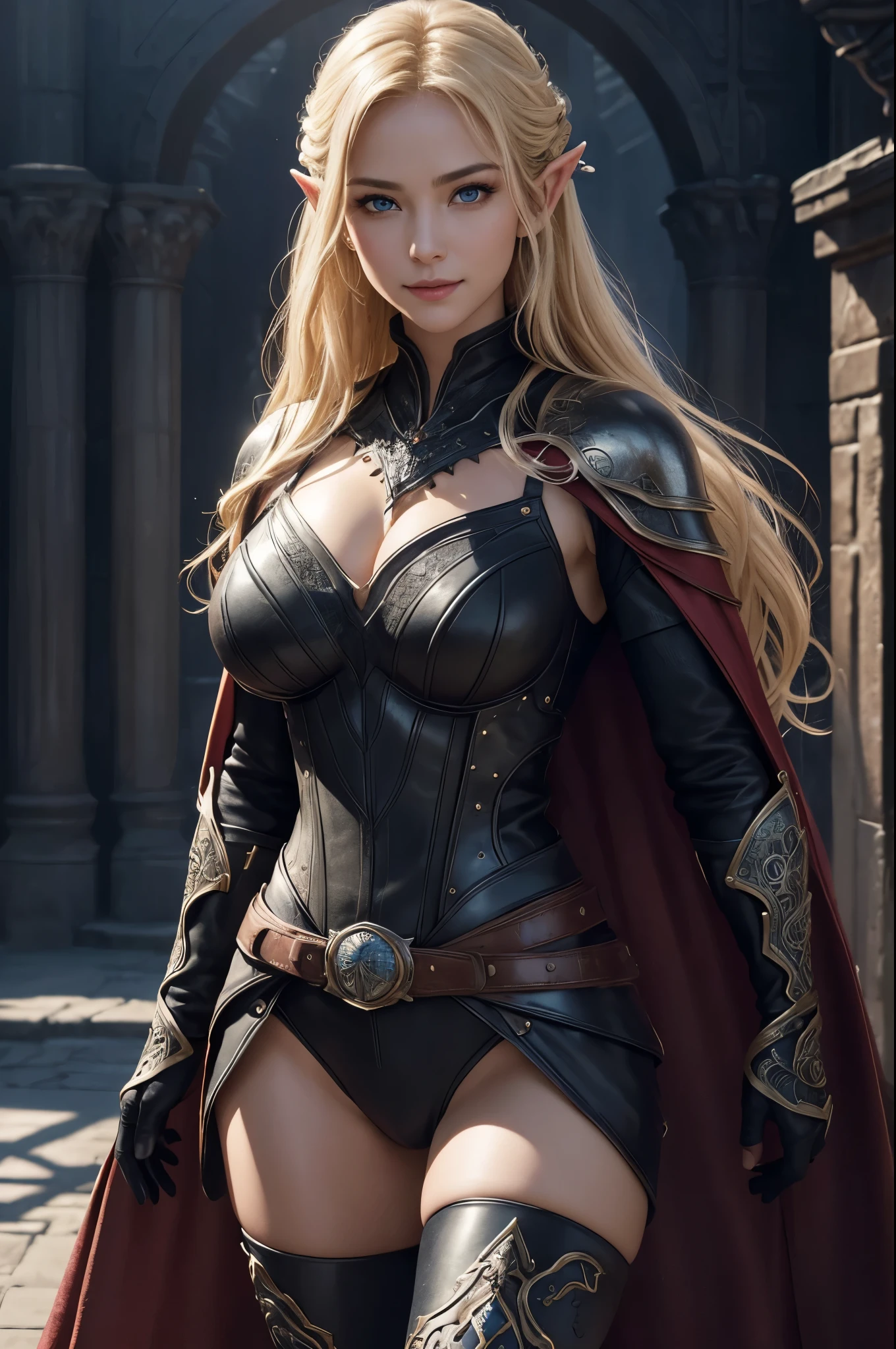 8k,Ultra-high resolution、Masterpiece、Big smile、Photorealistic、Astonishingly beautiful realistic portrait of a Western woman、Beautiful Woman Photos、Symmetrical, realistic face with great detail、Highly detailed textures、Bright colors、Detailed background elements、Deep sense of depth、Unique lighting effects、Complex composition techniques、Camera angles that emphasize the beauty of the character and environment、 Depth and atmosphere、Elaborate details and clarity、((Elvish、expensive、Bust Shot、Focus from the chest up,Lean and muscular physique、Ultra detailed face、Ultra-realistic textures、Detailed eyes、High quality eyes、High quality face、Shining Face、blue eyes))、(((Blonde、Perfect hands)))、In front of the city gates,(Extremely intricate black leather armor、Red Cape、Leather Belt、Knee-high boots、Black gloves、Bracers))、ダークFantasy、Detailed hand drawing、Looking at the audienceください,Mysterious look、Fantasyの背景、Rim Light、Ultra-high resolution、Film Grain、Best Shadow、delicate、to be born、Particles of light、Fine skin、Intricate details、Very detailed、A powerful deception、 Fantasy,Perfect lighting、Looking at the audience、Cinema Lighting、wonderful,Muscular Beauty,Dynamic pose,Very large breasts,
