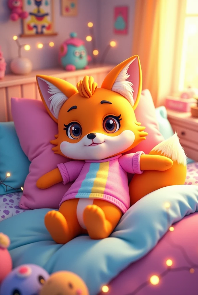 a cartoon 2d anthropomorphic fox girl kid wearing a pink, yellow, and blue gradient shirt laying on her back on top of a bed. She’s pantsless and bottomless. Her underbelly fur and bare bottom is visible.