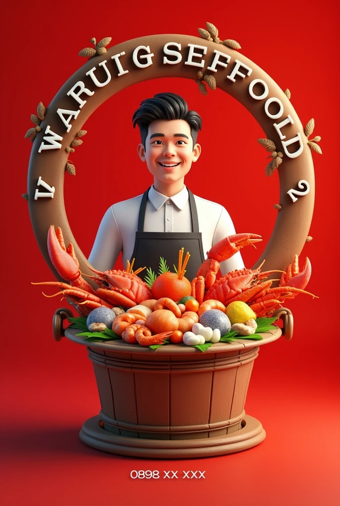 Realistic 3D image effect, a man, wearing an apron, in a circular frame, seafood bucket with simple decoration containing crab, shrimp, shellfish, and giant lobster, 'WARUNG SEAFOOD 2' nameplate. Below is a whatsapp logo with the number '0898-xxx-xxx' with a red background