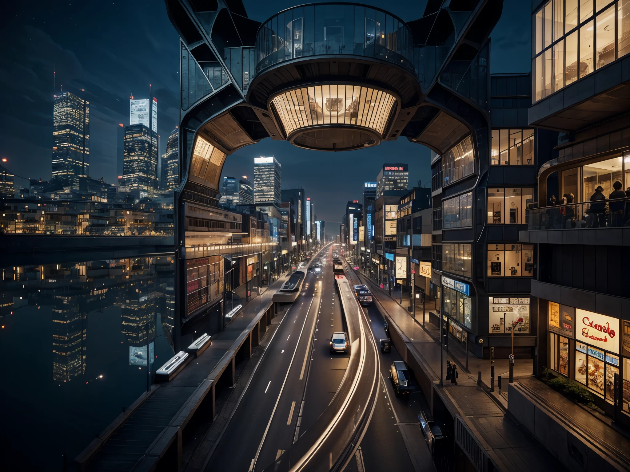 Draw a perspective view of a non-modern dream city at night with endless streets, twisting buildings and impossible architectural elements.