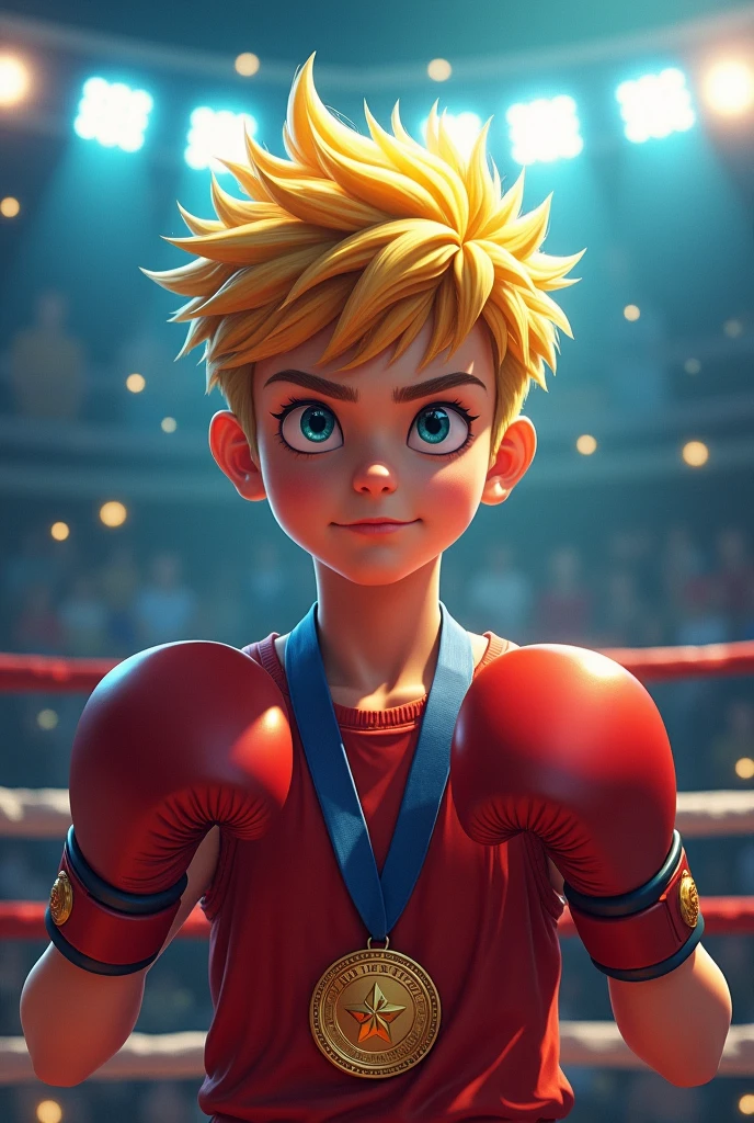 (photorealism:1.2), beatiful boxer boy , awards, ring , yellow still hair ,  blue eyes , young 