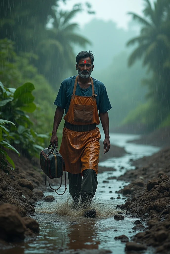 Scene 2: Dr. Sudhir’s Journey**  
   Animate Dr. Sudhir walking through muddy, rain-soaked paths wearing apron. He’s drenched in rain, carrying a small medical bag, determined and focused as he navigates swollen rivers and steep trails.