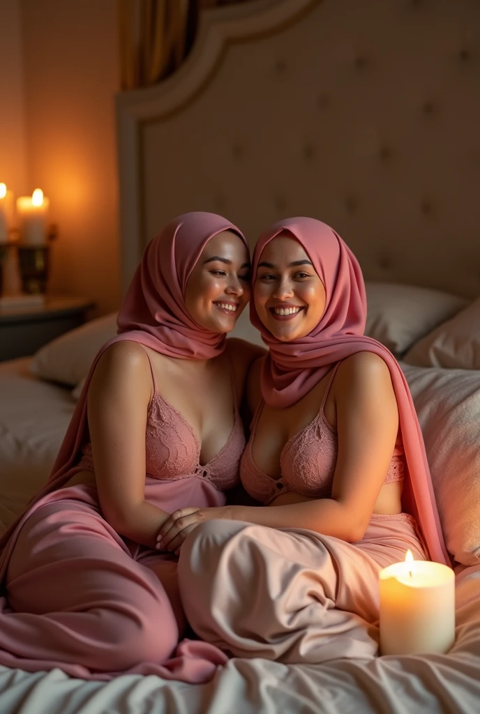 two hijab women in bed,wearing pink lingerie,,36b sized,embracing breast