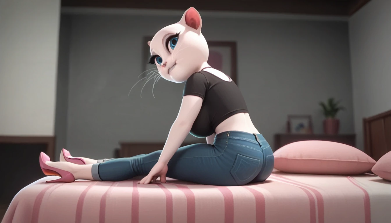 solo focus, a_la, 1girl, cat, white fur, long whiskers on both sides of the face, big bright blue eyes, big black eyelashes, big ass, pink nose, triangular ears with pink channels, big breasts, high heels, jeans, Black T-shirt. 1 girl and 1 boy human. side view. in bed. The man lies flat on the floor with his legs closed. Woman sits on man, vaginal scream, lying, at home, looking back, big penis, rape of 1 man, girl. Score_9, Score_8_up, Score_7_