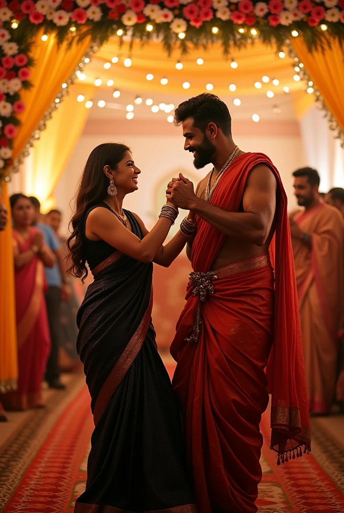 girl hourglass body, wearing black saree,in the wedding, muscular Hindu pandit, dancing together.