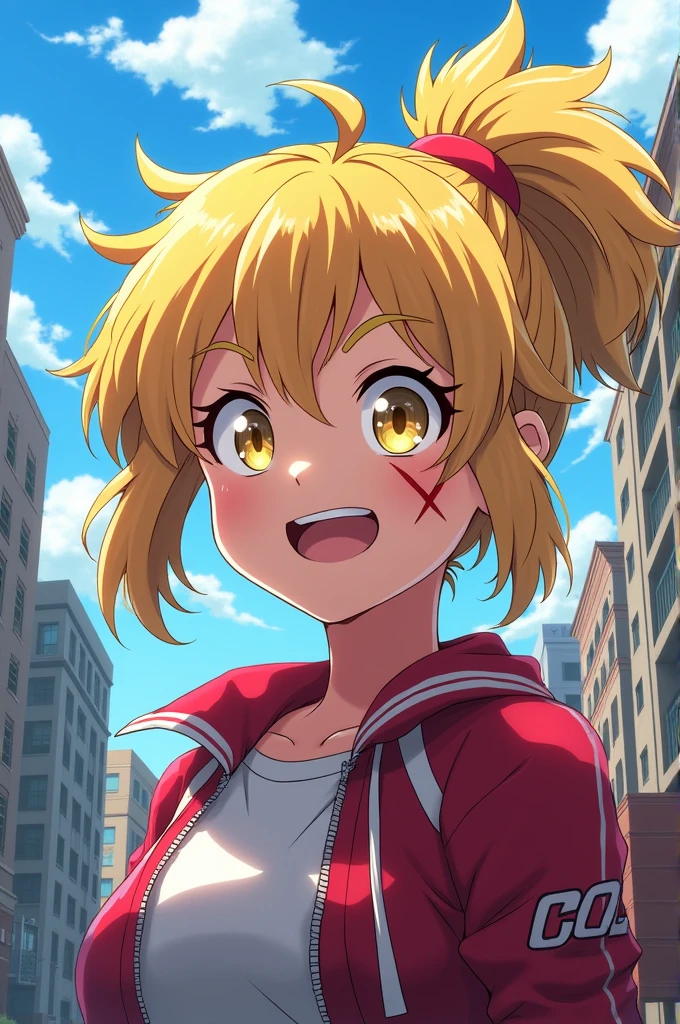 Screenshot of My Hero Academia.
15 year old girl; celestial hair tied in a high ponytail, his hair is short and simulates spikes, It has a fringe. His eyes are yellow, his eyelashes are blond and his eyebrows are celestial. White skin, a scar over his right eye and a big smile.
