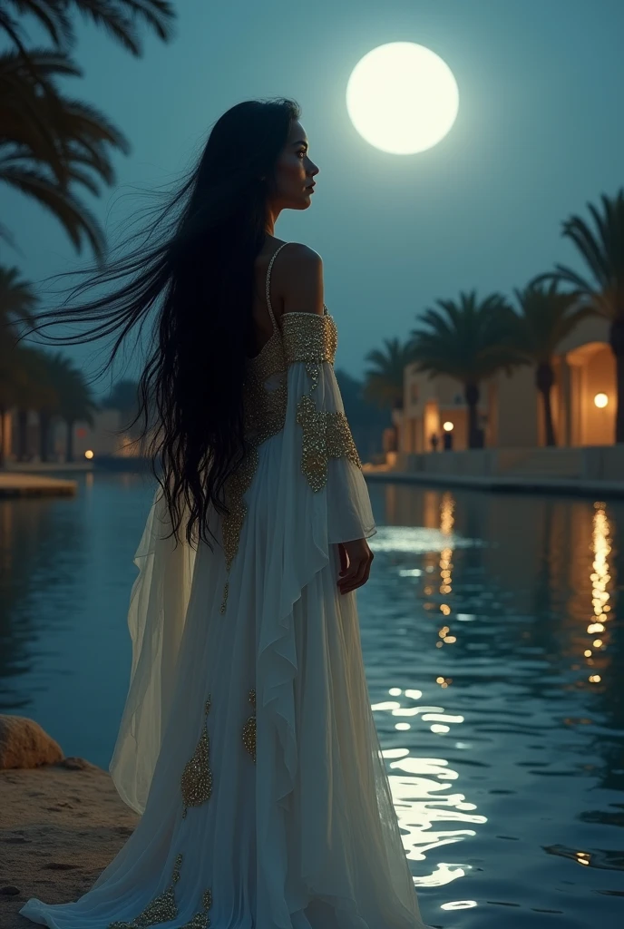  Absolutely beautiful woman standing by the Nile river waiting for her husband on a full moon night.