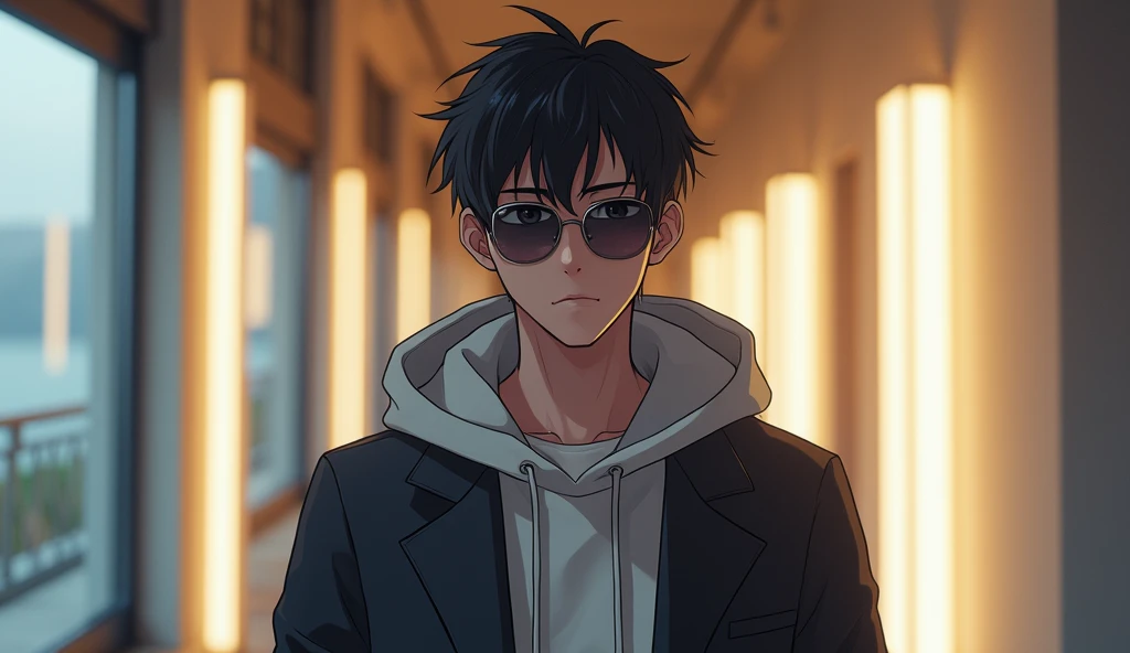 A stylish anime 30 year old boy standing confidently in front of a camera. He is wearing a sleek hodi and sunglasses, exuding a cool and fashionable vibe. The boy has a modern, trendy haircut, and his pose is casual yet confident, embodying a youthful, stylish aura. The background suggests a minimalistic indoor setting, with soft lighting that highlights the boy's features and outfit.