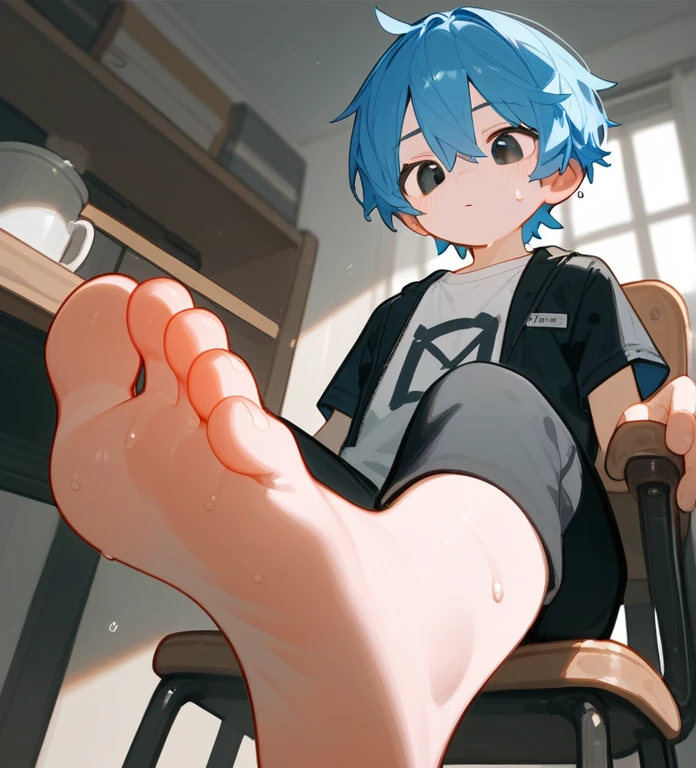 in the room，A cute boy shows his feet，sit on the chair，Solitary，Two feet，Front angle，Low Angle，black eyes，barefoot，Blue Hair，Bangs between the eyes, Blue unicorn，black eyes，White T-shirt，Black jacket，Black pants，Sweating on the soles of the feet，Five toes，Correct feet