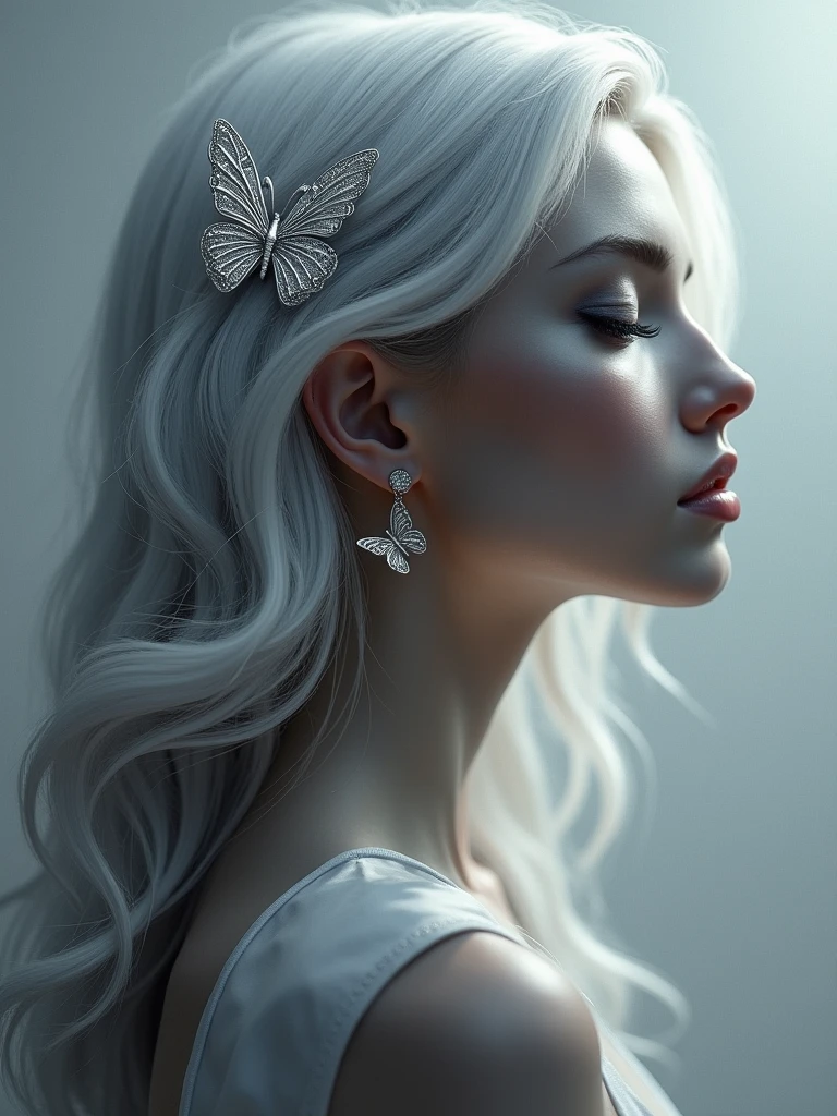A digital art portrait depicting a woman in profile with long, flowing, wavy silver hair, decorated with an accessory in the form of a clip of silver butterflies.which scatter around her figure.Her skin is depicted in smooth, silver-metallic tones, and her facial features are finely crafted: high cheekbones, a thin nose and full lips, painted with a dark shade with a chiaroscuro effect. She has closed eyes with long dark eyelashes and elegant dangling earrings. The background is made in a gradient from light gray to dark gray, which enhances the airy and sophisticated atmosphere of the work of art.