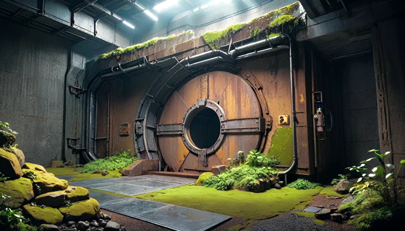 cave, extremely large bunker steel door, door 50x50m, fallout shelter style, cave with vegetation, detailed cave, square bunker entrance, rusted metal, cave, rocky surroundings, early sci-fi, post-apocalyptic style, industrial rivets, bulkhead door, dim lighting, moss-covered rocks, futuristic bunker, solid metal construction, studio lighting, Rembrandt Lighting, rule of thirds composition, detailed objects, cinematic lightning, studio light, sharp focus, logical hands, digital masterpiece, shocking atmosphere, high quality, ultra details