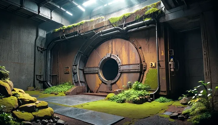 cave, extremely large bunker steel door, door 50x50m, fallout shelter style, cave with vegetation, detailed cave, square bunker ...