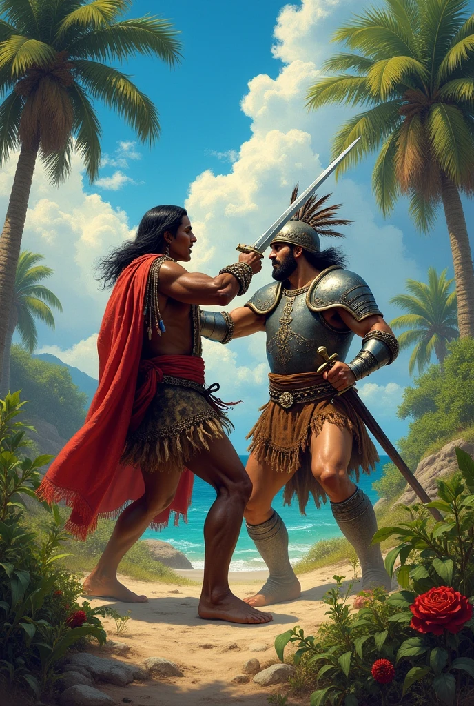 Christopher Columbus fighting with an Indian