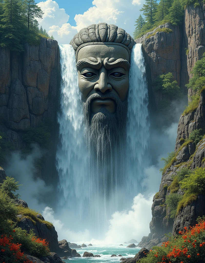 A majestic waterfall cascading down a rocky cliff, its powerful flow split by a colossal SAMURAI-shaped head made of stone protruding from the middle of the fall, intricately carved features, water rushing over its head creating a misty, ethereal aura, surrounded by lush greenery and wildflowers, natural beauty, mystical atmosphere, in the style of a romantic landscape painting by Albert Bierstadt, with detailed realism and dramatic lighting.