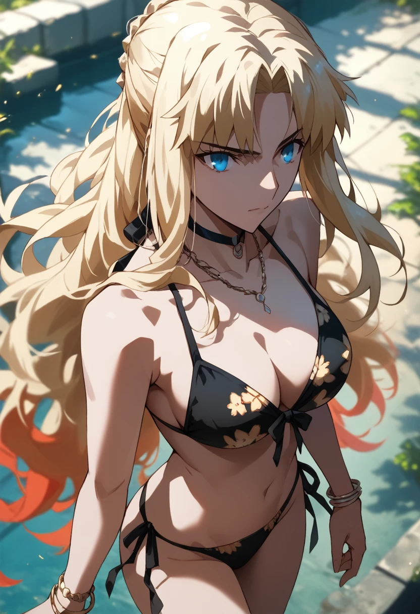 masterpiece, best quality, highres, fate grand order,fgo,anime, wide angle, from above, 1girl, blonde hair, long hair, multicolored hair, blue eyes, jewelry, necklace, choker, black bikini, floral print, bracelet, side-tie bikini bottom, cowboy shot