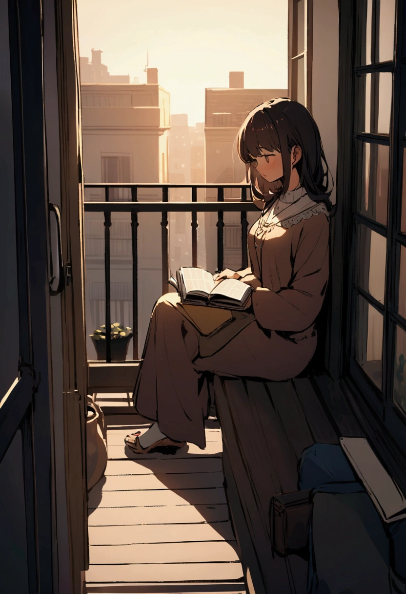 Create a reading a book on the balcony of her apartment
