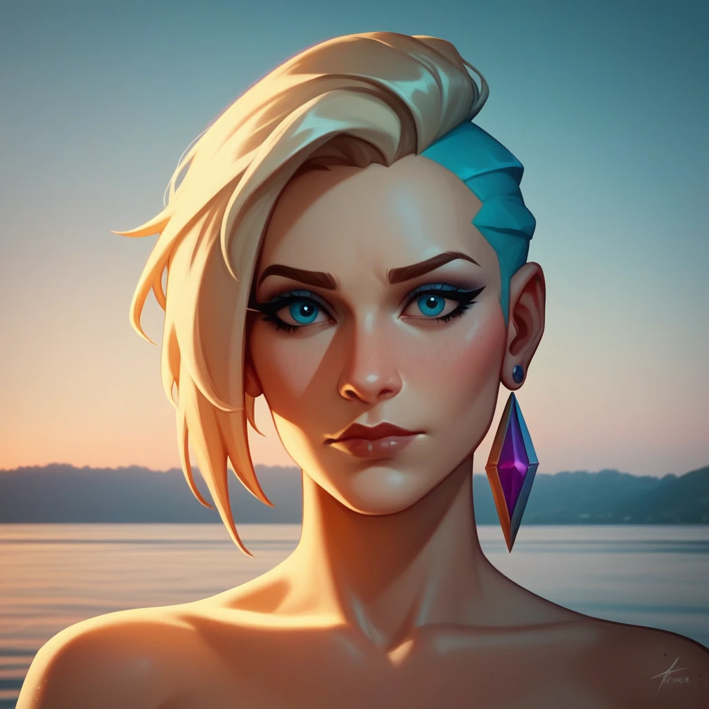 portrait of skswoman, nervous , wearing luxury fabrics , with Asymmetrical haircut , background lake epic (photo, studio lighting, hard light, sony a7, 50 mm, matte skin, pores, colors, hyperdetailed, hyperrealistic