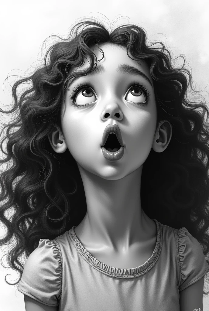 (photorealism:1.4), The image is a black and white illustration of a young girl with curly hair. She has a surprised expression on her face with her mouth open and her hands clasped together in front of her chest. Her eyes are wide and her eyebrows are furrowed. Her hair is styled in loose curls that are cascading down her back. The overall mood of the image is one of shock or surprise. by Greg Rutkowski, by Alphonse Mucha