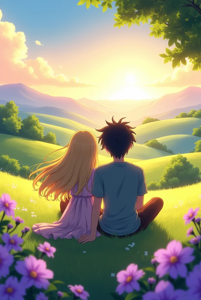 Create an image of a female anime character with blonde hair sitting on the grass next to a male character with black hair, seen from the back, with purple flowers around and with a beautiful landscape around