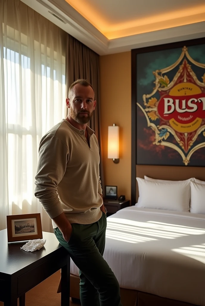 Homme caucasien grand de taille, charmant, un peu costaud, habillé en pantalon et tee-shirt manche longue, assis ou adossé sur une table dans une grande chambre d'hôtel et sur la table sur laquelle est assis ou adossé le charmant homme il faut qu'il y ait un papier mouchoir déjà utilisé sur la table et sur le lit de l'hôtel qu'il soit déposer un cadre photo grand ou moyen qu'il est possible de faire arrêter sur le lit et faire face à la caméra et sur le mur du chevet du lit un tableau sur lequel il est écrit en français : Bienvenue à Melbourne AUSTRALIE et autour de la phrase qu'il y ait les emblèmes du Canada Québec ou le drapeau du Canada Québec