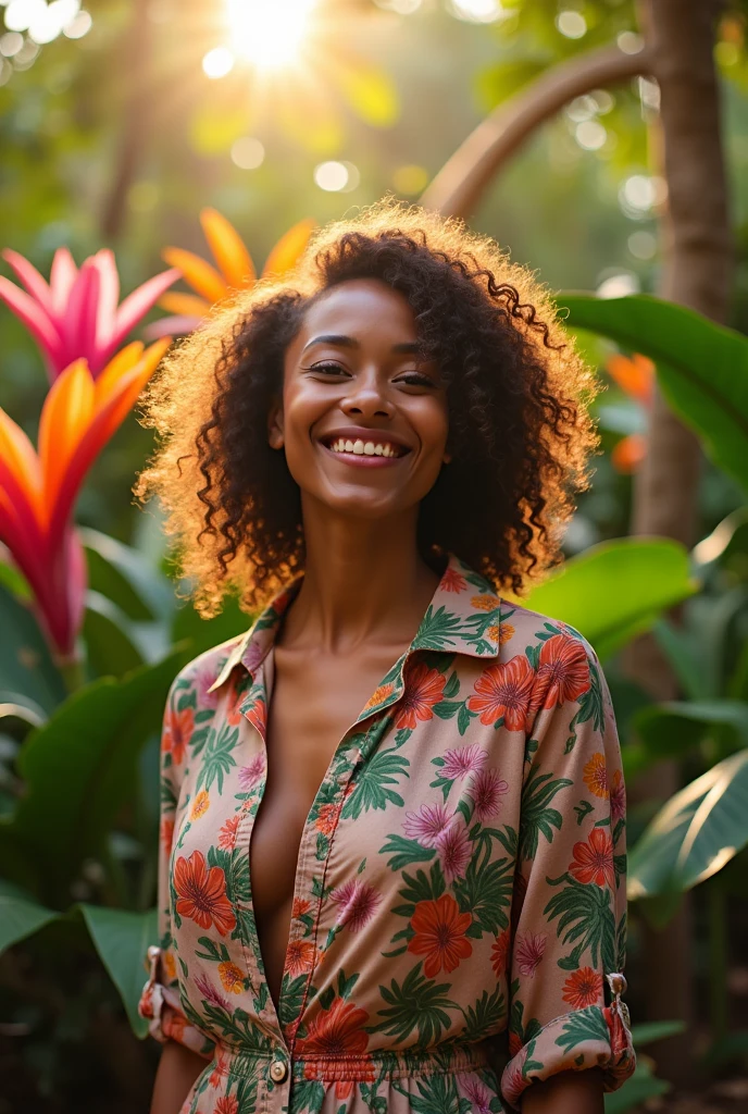 A Brazilian woman in a lush tropical garden, wearing an open shirt with a floral print, with a close-up capturing the harmonious beauty between her breasts and the natural flowers, showing off your natural charm and outgoing personality.