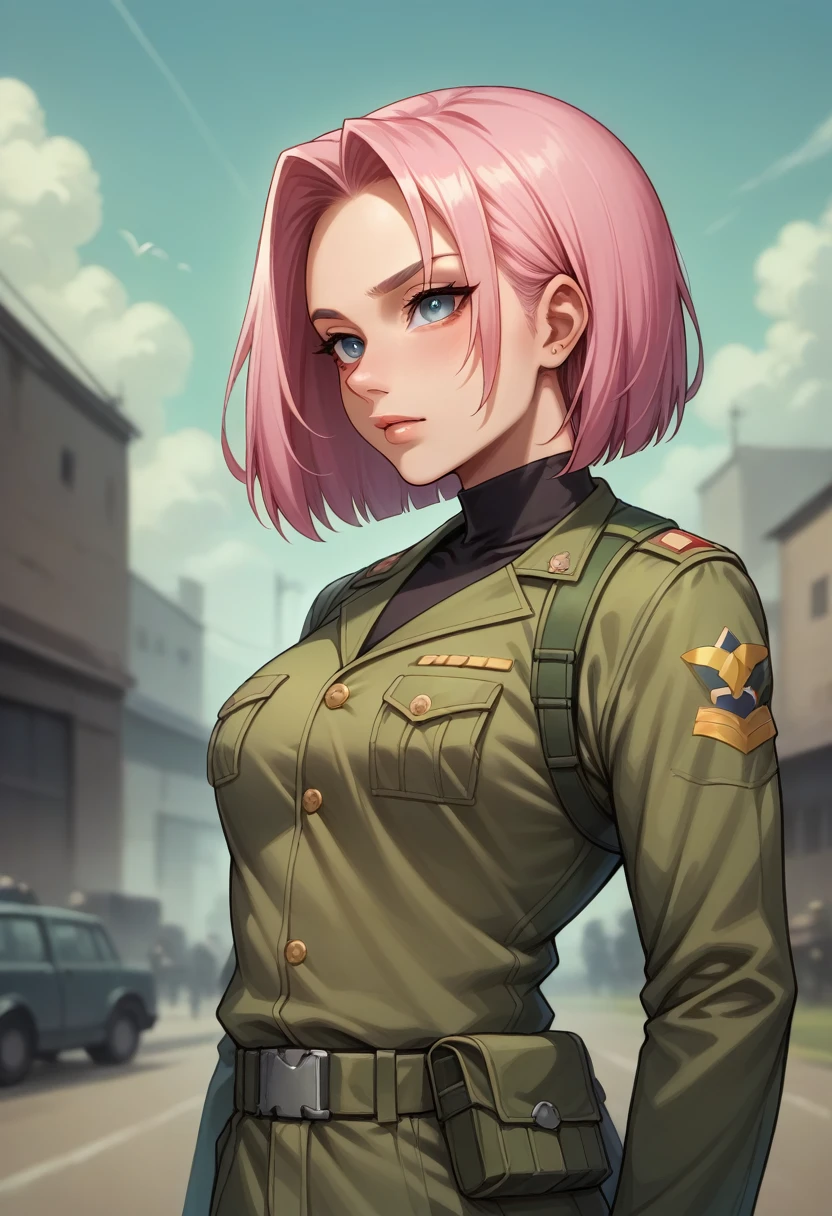 Create an image of a person with pink hair standing in front of a military tank. The tank should have the word "134-FMS" painted in large, luminous letters on the side. The setting is outdoors, possibly in a military Martian environment, with cloudy lighting to give a dramatic effect. The person is holding what appears to be a firearm and is dressed in dark clothing that contrasts with the bright color of the hair. Make sure the image has a sharp focus on the person and the tank., with a slightly blurred background to emphasize these elements. high resolution, best qualityer, High details, ultra HD, motion lines,
