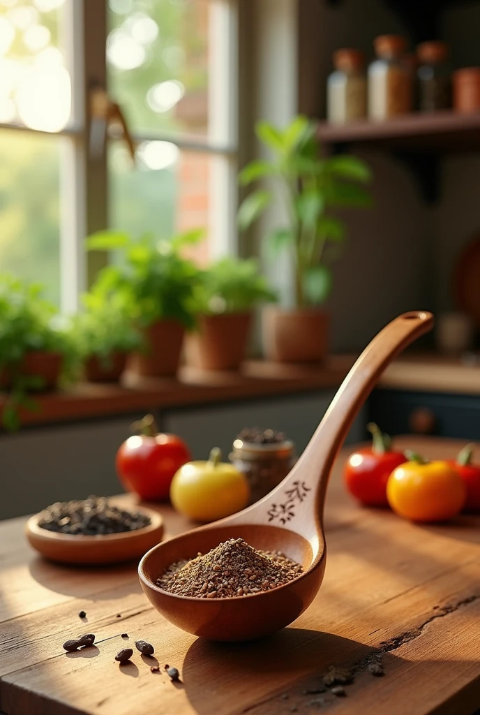 wooden spoon with compartment inside the stick for spices