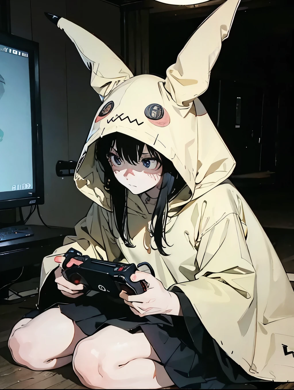 Mimikyu girl, in dark room, playing video games, angry