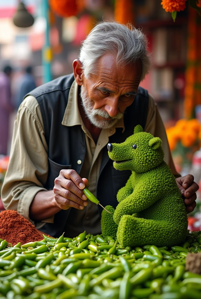 Indian Pure Oldman making big bear out of green chilli and green chilli is scattered