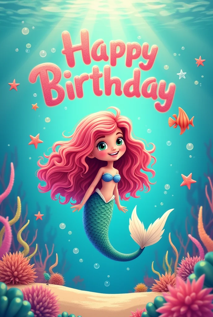 A 4 year old virtual birthday card with a curly haired mermaid theme