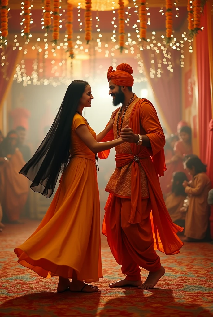 girl hourglass body, wearing nun clothes,in the wedding, muscular Hindu pandit, dancing together.