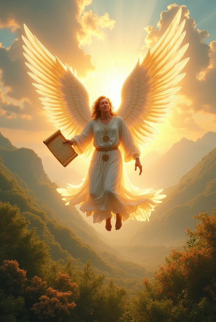 "A radiant angel with large wings, descending from the heavens with light surrounding him, carrying a scroll of divine revelation."