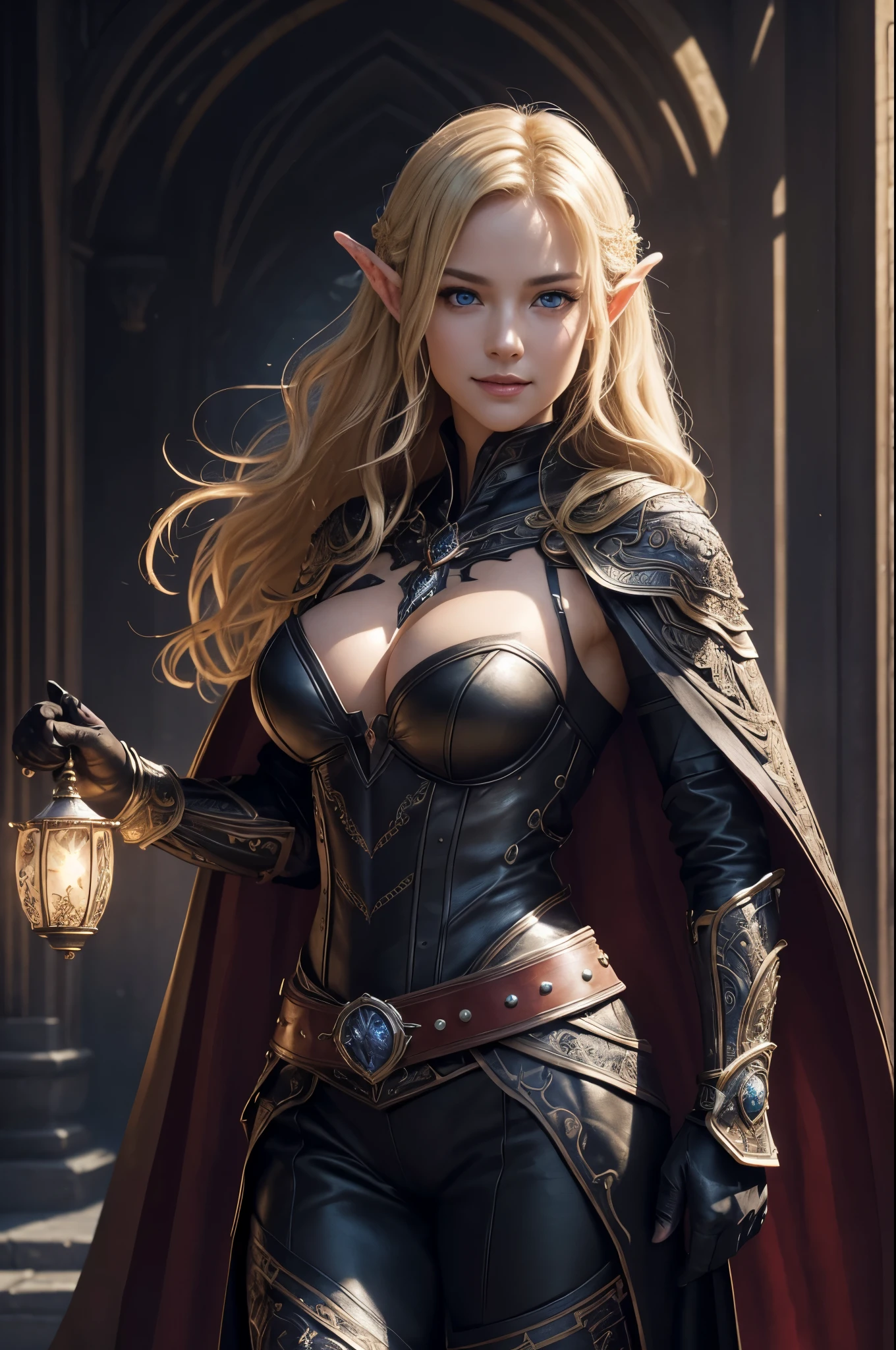 8k,Ultra-high resolution、Masterpiece、Big smile、Photorealistic、Astonishingly beautiful realistic portrait of a Western woman、Beautiful Woman Photos、Symmetrical, realistic face with great detail、Highly detailed textures、Bright colors、Detailed background elements、Deep sense of depth、Unique lighting effects、Complex composition techniques、Camera angles that emphasize the beauty of the character and environment、 Depth and atmosphere、Elaborate details and clarity、((Elvish、expensive、Bust Shot、Focus from the chest up,Lean and muscular physique、Ultra detailed face、Ultra-realistic textures、Detailed eyes、High quality eyes、High quality face、Shining Face、blue eyes))、(((Blonde、Perfect hands)))、In front of the city gates,(Extremely intricate black leather armor、Red Cape、Leather Belt、Knee-high boots、Black gloves、Bracers))、ダークFantasy、Detailed hand drawing、Looking at the audienceください,Mysterious look、Fantasyの背景、Rim Light、Ultra-high resolution、Film Grain、Best Shadow、delicate、to be born、Particles of light、Fine skin、Intricate details、Very detailed、A powerful deception、 Fantasy,Perfect lighting、Looking at the audience、Cinema Lighting、wonderful,Muscular Beauty,Dynamic pose,Very large breasts,