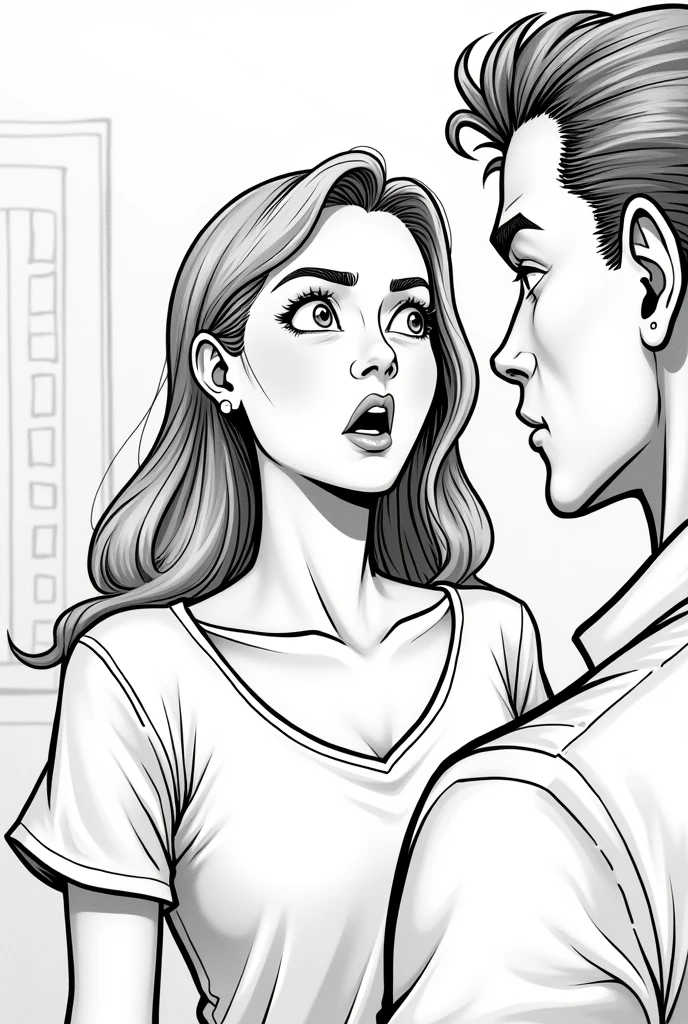 A black and white line drawing, semi-close-up shot (Medium shot):** The man approached, Mint turned to see him and was startled, quickly getting up with a shocked expression on her face.