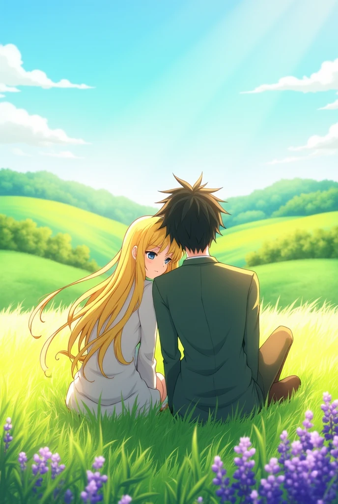 Create an image of a female anime character with blonde hair sitting on the grass next to a male character with black hair, seen from the back, with purple flowers around and with a beautiful landscape around