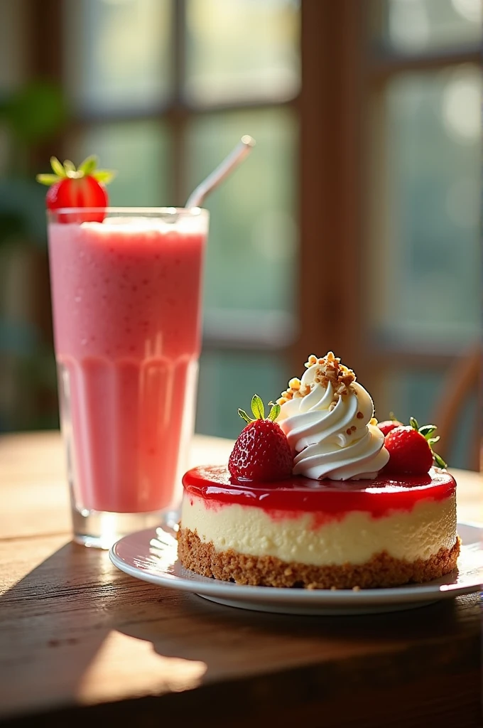 Make me a strawberry and cream smoothie, cheesecake and walnut pie with whipped cream